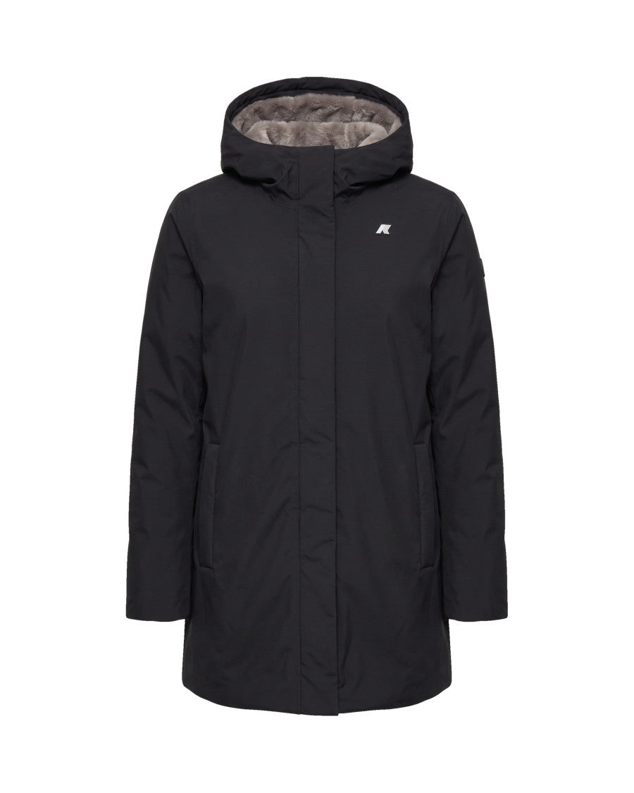 K-Way Warm Black Twill Short Jacket With Faux Fur Lining