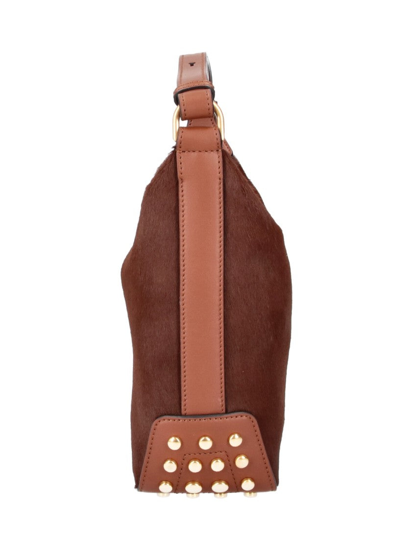 Tod's Brown Calfskin Suede Metal Dots Shoulder Bag