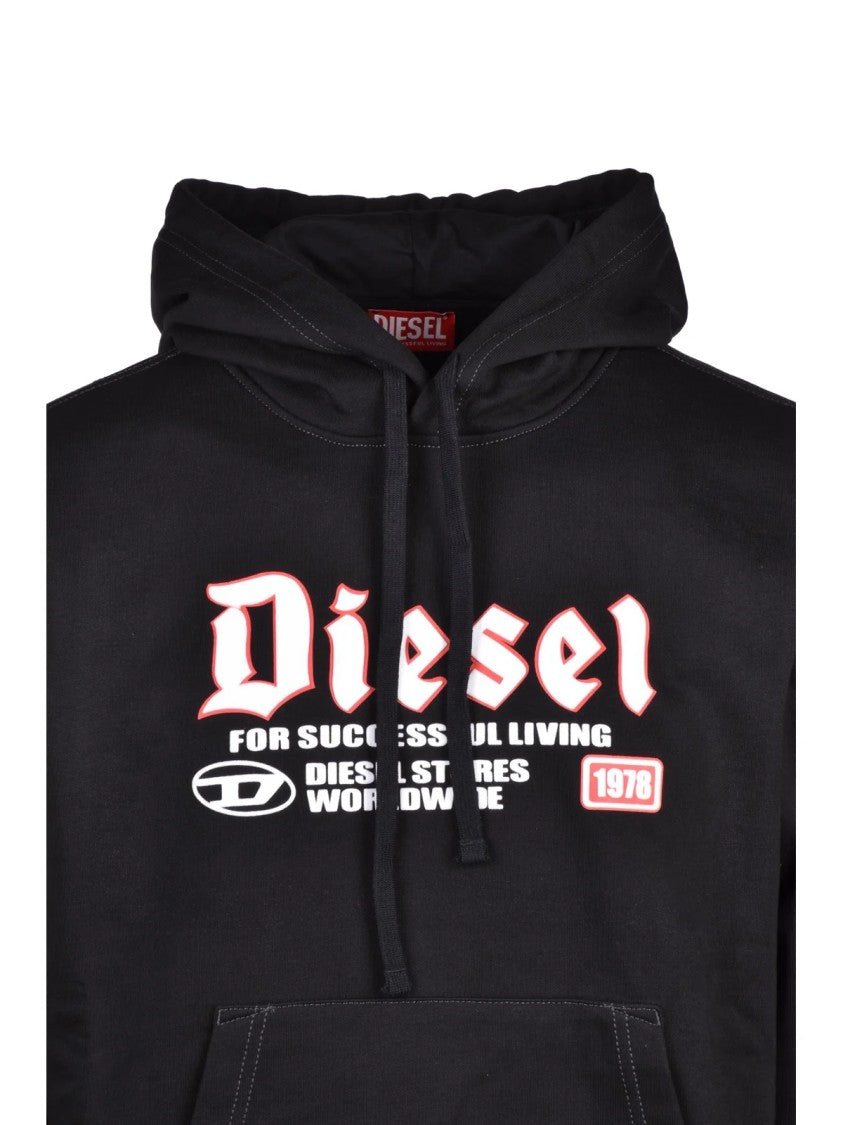 Diesel Black Graphic Hoodie With Kangaroo Pocket And Adjustable Drawstring