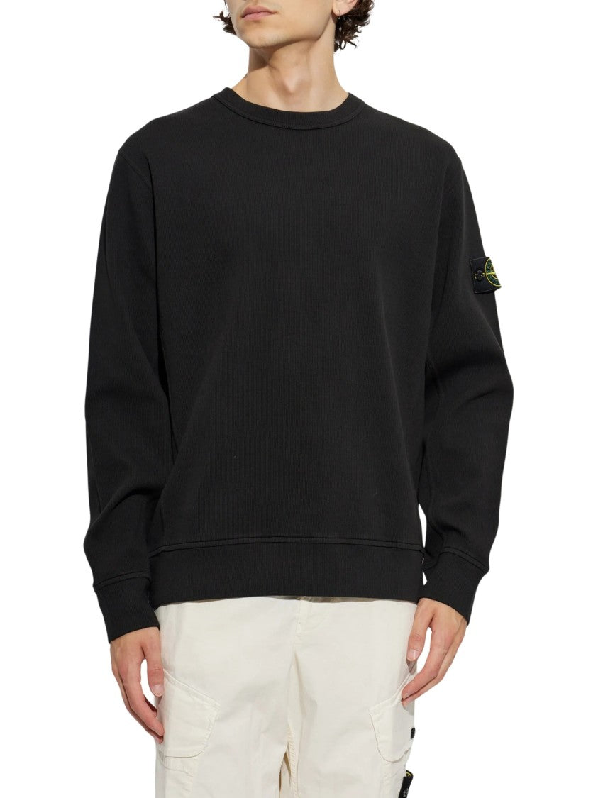 Stone Island Black Cotton Sweatshirt With Logo Patch And Ribbed Details