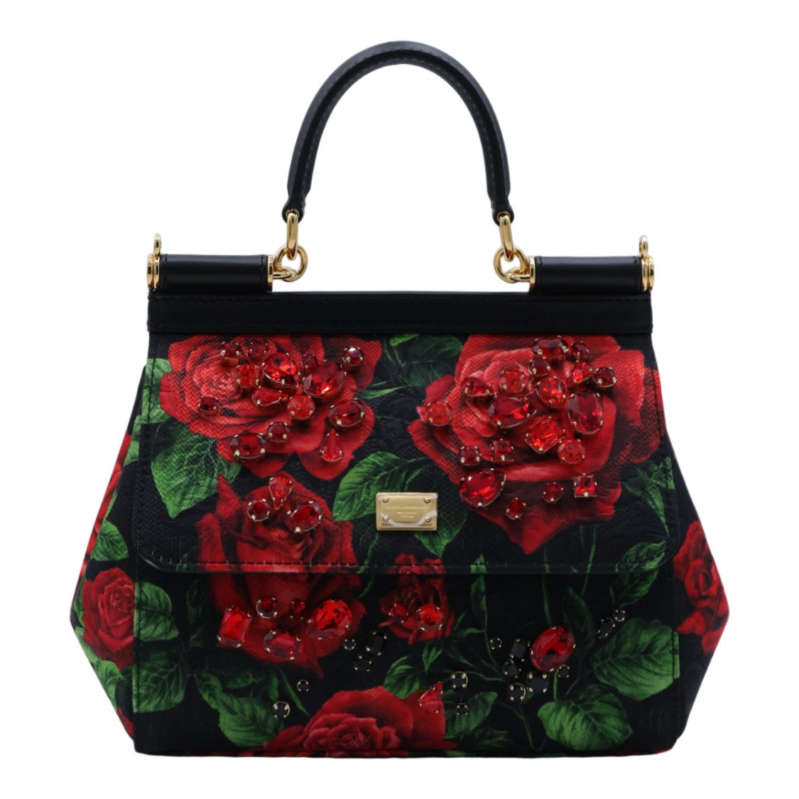 Dolce & Gabbana Floral Print Jeweled Structured Top-Handle Handbag