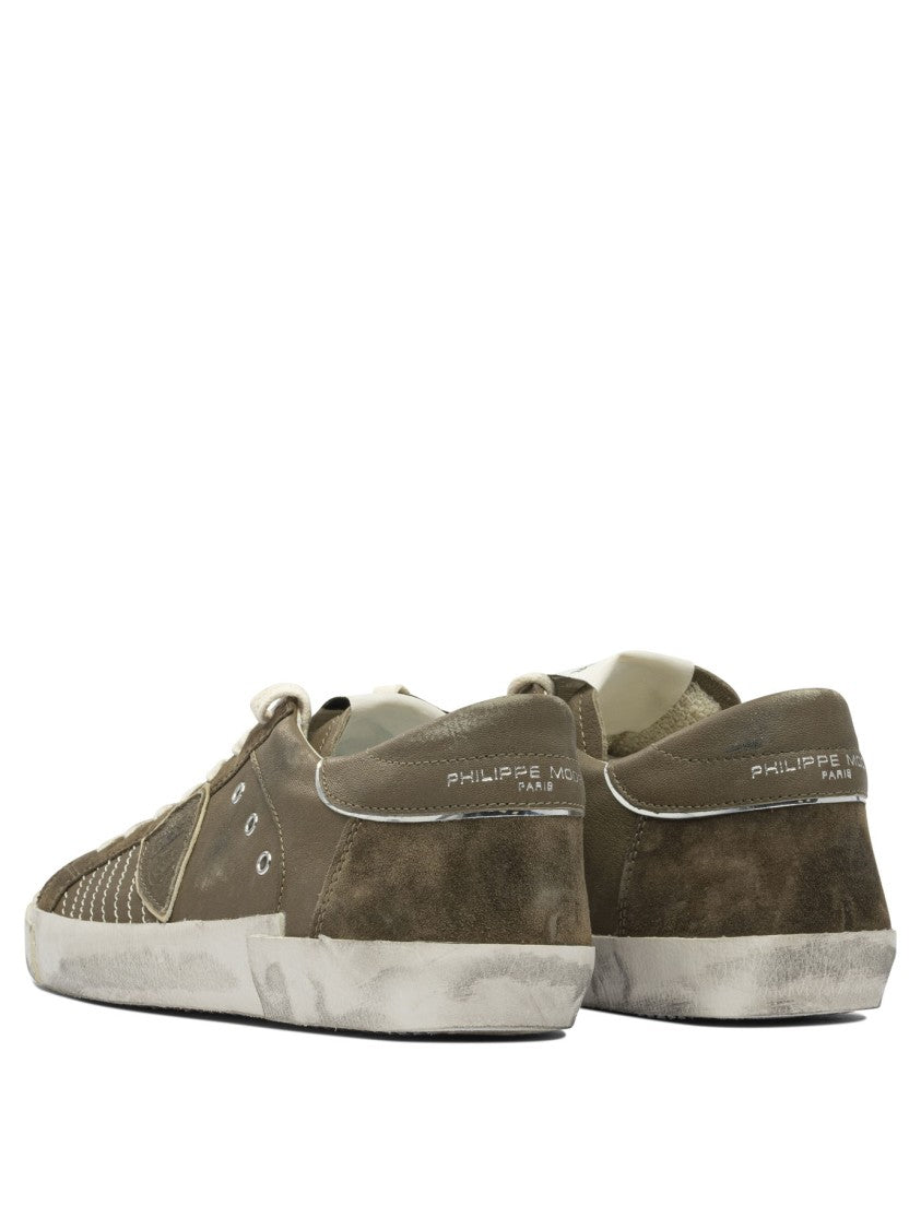 Philippe Model Paris Distressed Olive Green Leather And Suede Sneakers