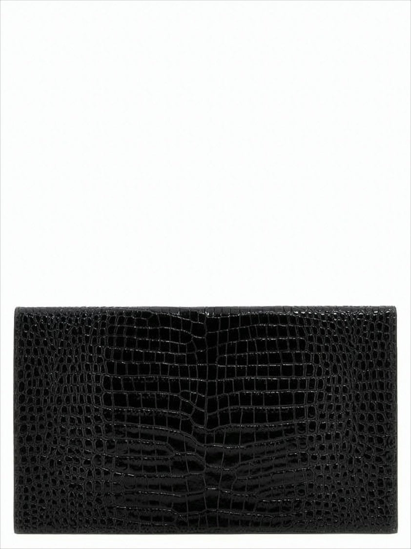 Saint Laurent Crocodile-Embossed Black Calf Leather Clutch