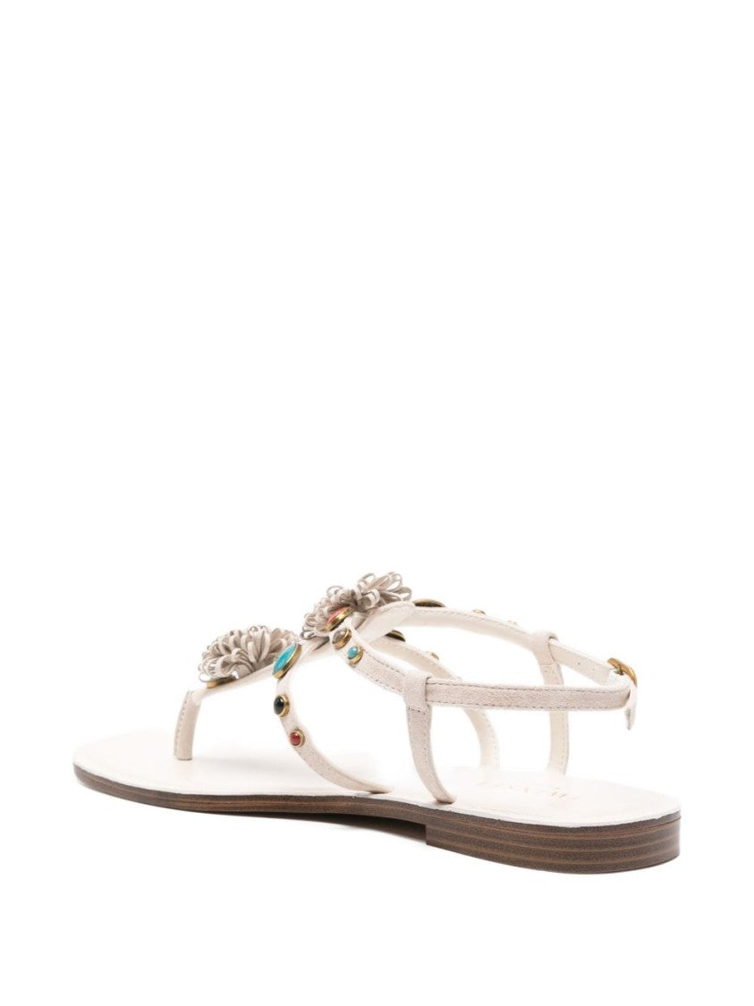 Twin-Set Beige Flower Detail T-Strap Sandals