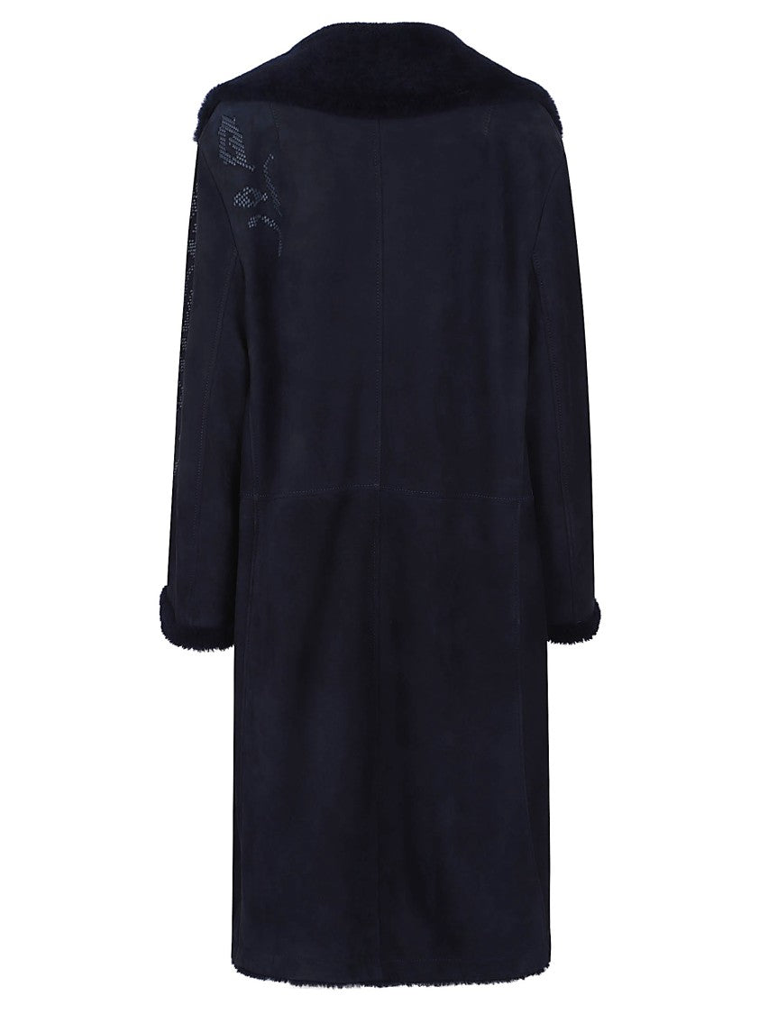 Ermanno Scervino Suede Sheepskin Coat With Floral Embroidery And Shearling Lining