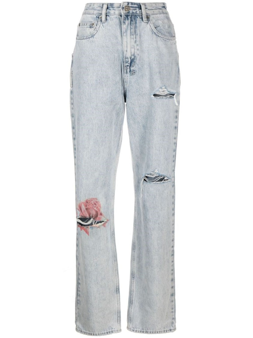 Ksubi Blue Playback Paradise Distressed Embroidered Cotton Straight-Leg Jeans