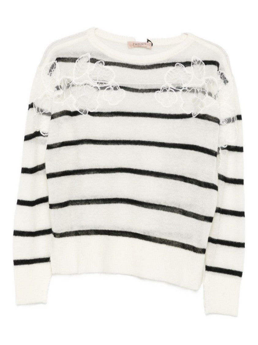 Twin-Set Off-White Knit Sweater With Black Stripes And Lace Embellishments