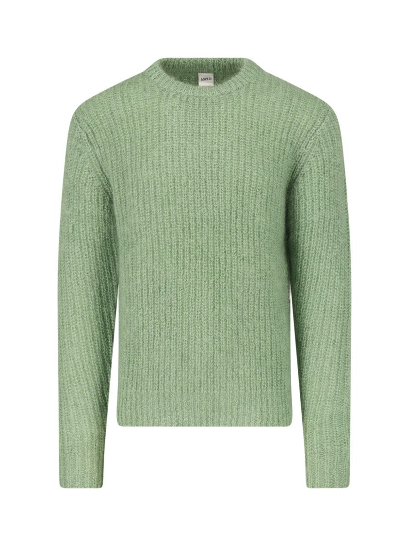 Aspesi Green Mohair-Wool Ribbed Crewneck Sweater