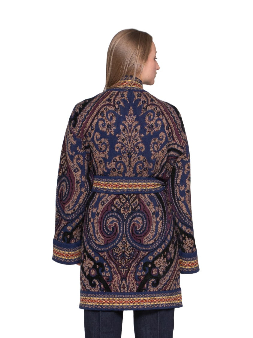 Etro Ornamental Paisley Cardigan With Belted Waist And Geometric Trim