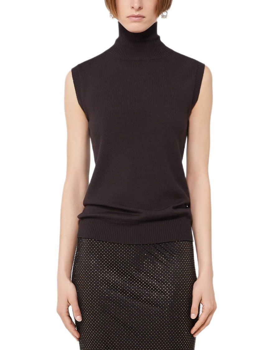 Sportmax Sleeveless Brown Turtleneck With Fine Wool Texture And Ribbed Trims