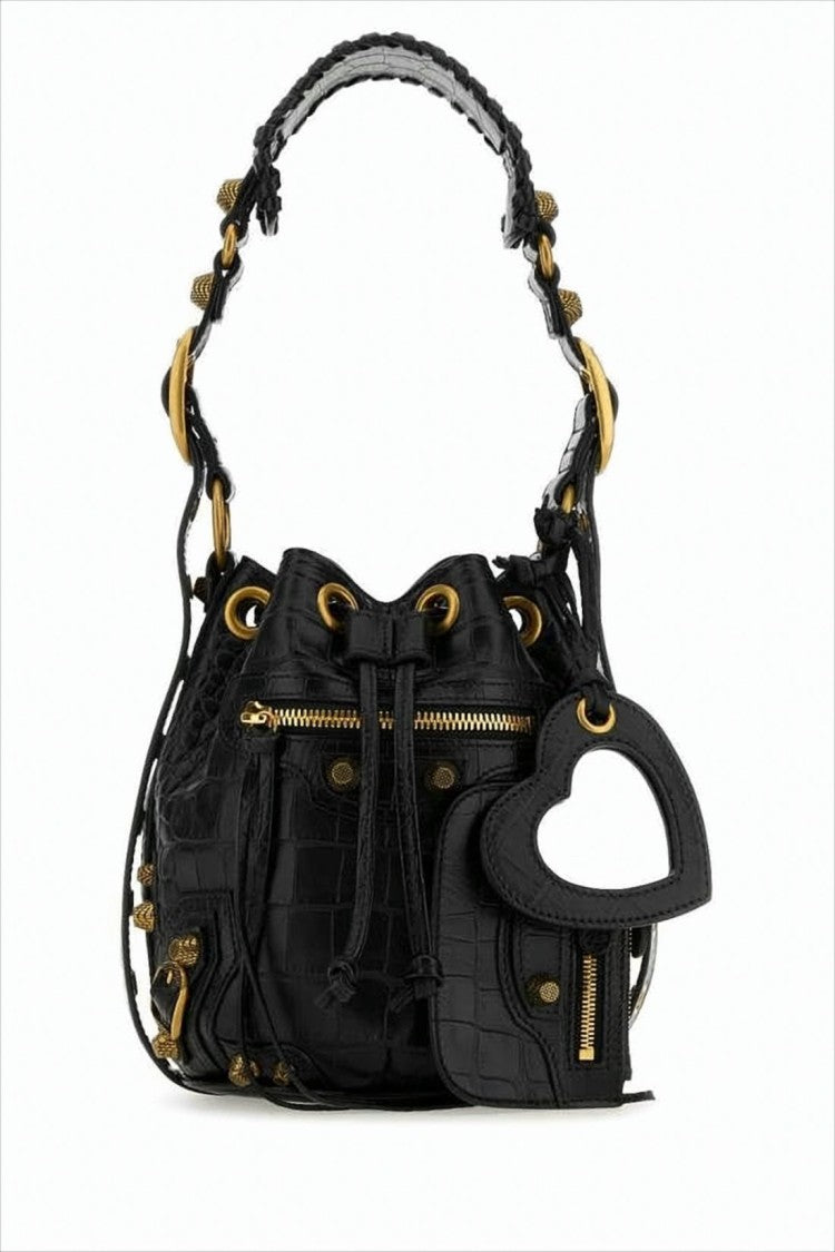Balenciaga Textured Black Shoulder Bag With Gold-Tone Hardware And Drawstring Closure
