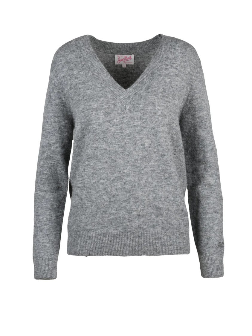 Mc2 Saint Barth Grey Alpaca-Blend V-Neck Sweater