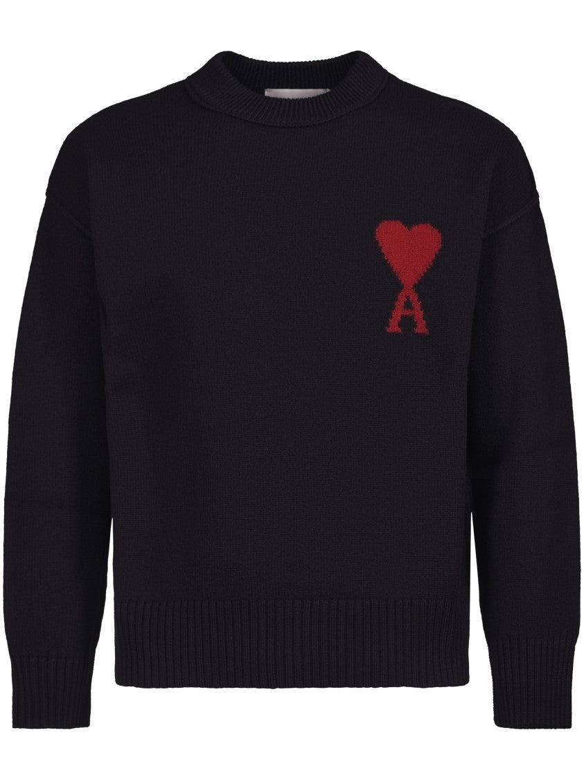 Ami Felted Wool Sweater With Heart And Logo Detail
