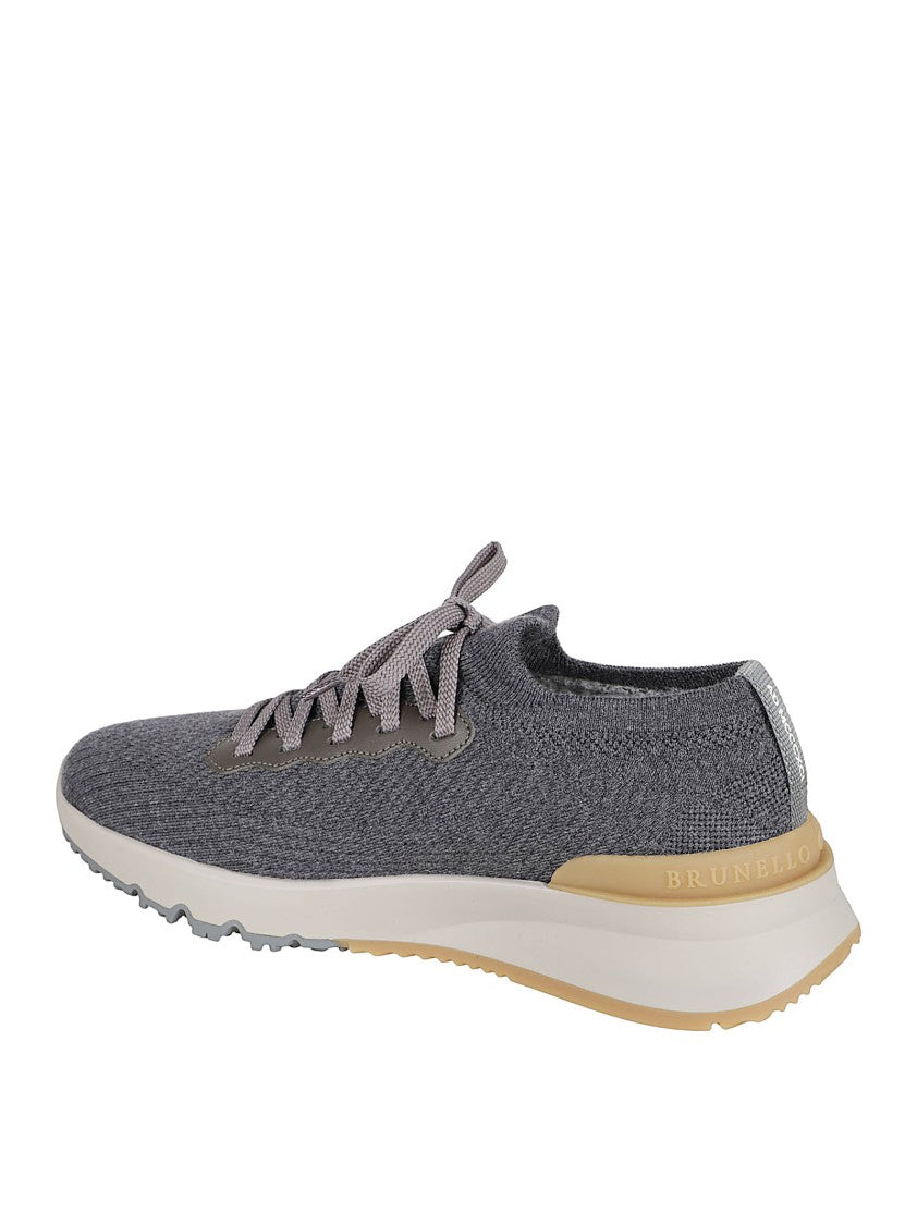 Brunello Cucinelli Taupe Wool Knit Runners With Semi-Gloss Calfskin Accents
