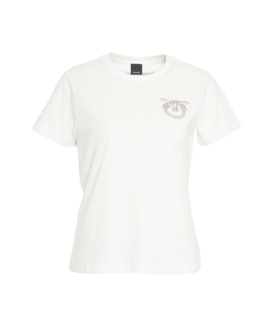 Pinko Crew Neck T-Shirt With Crystal Swallow Appliqué