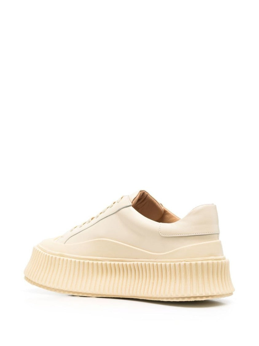 Jil Sander Monochromatic Beige Leather Sneakers With Ridged Sole