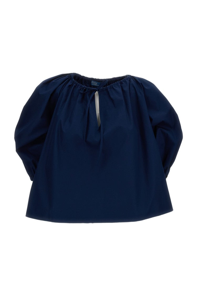 Polo Ralph Lauren Teal Blue Cotton Poplin Blouse With Drawstring Neckline And Voluminous Sleeves
