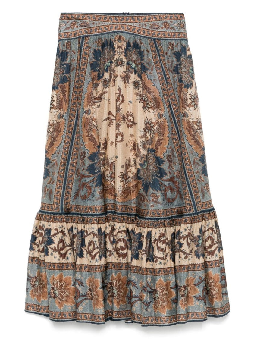 Zimmermann Steel Blue Floral Print Skirt With Ruffle Hem