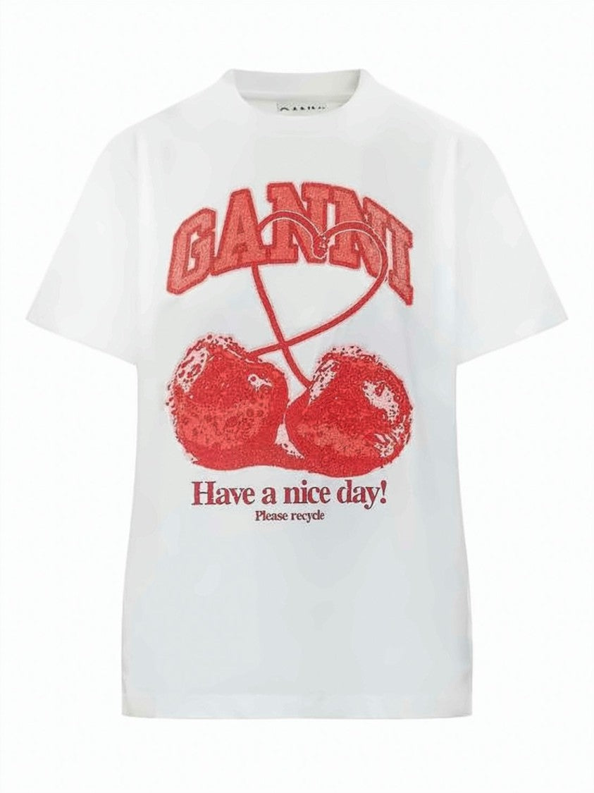 Ganni Short-Sleeved Cotton T-Shirt With Cherry Graphic