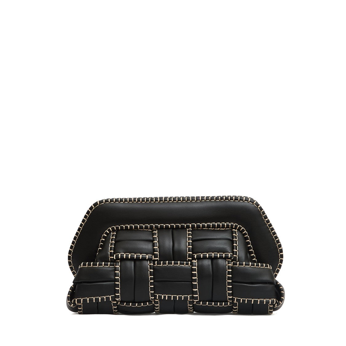Themoirè Structured Black Vegan Leather Clutch With Beige Stitching