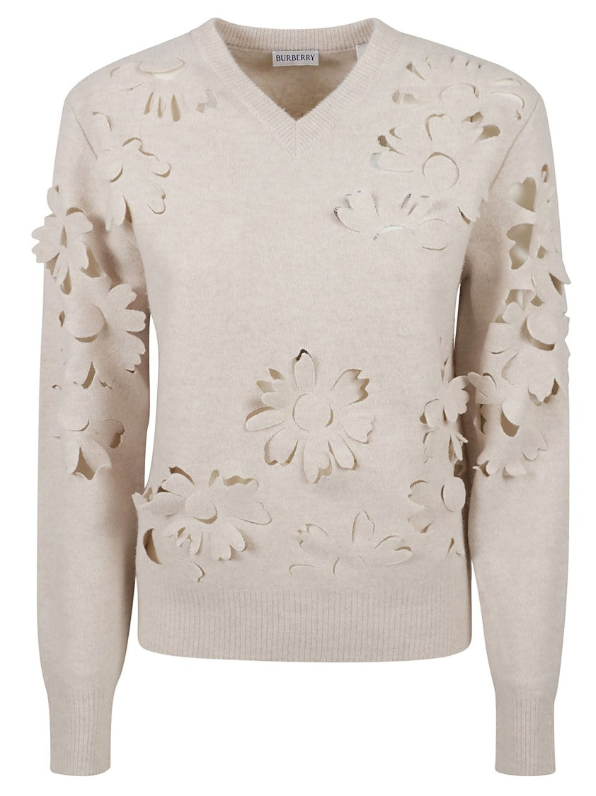 Burberry Floral Cut-Out V-Neck Wool Sweater