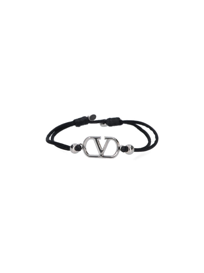 Valentino Garavani Black V Logo Silver Metal Bracelet