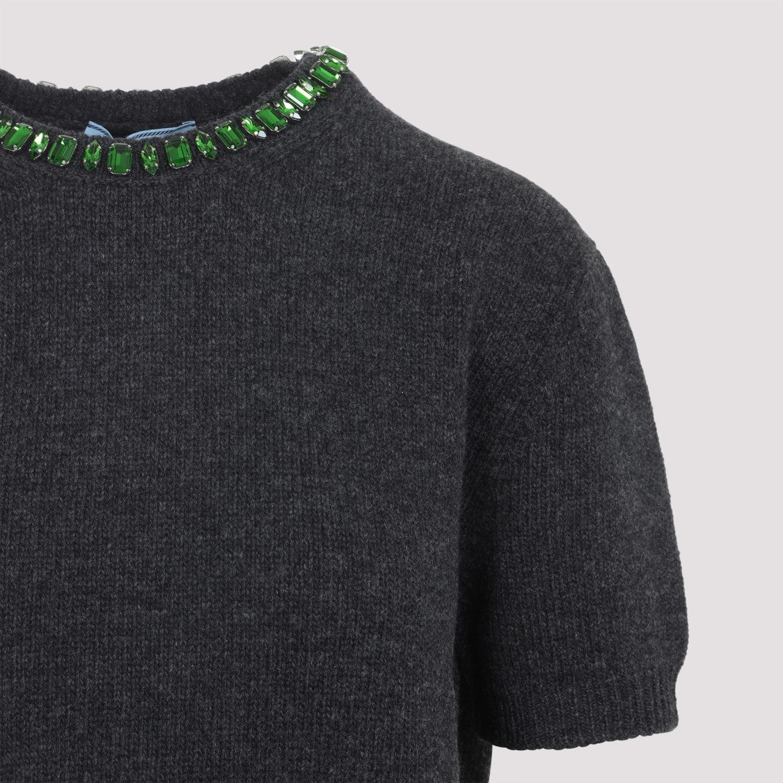 Prada Short-Sleeved Cashmere-Wool Blend Sweater With Jewel Embellishments