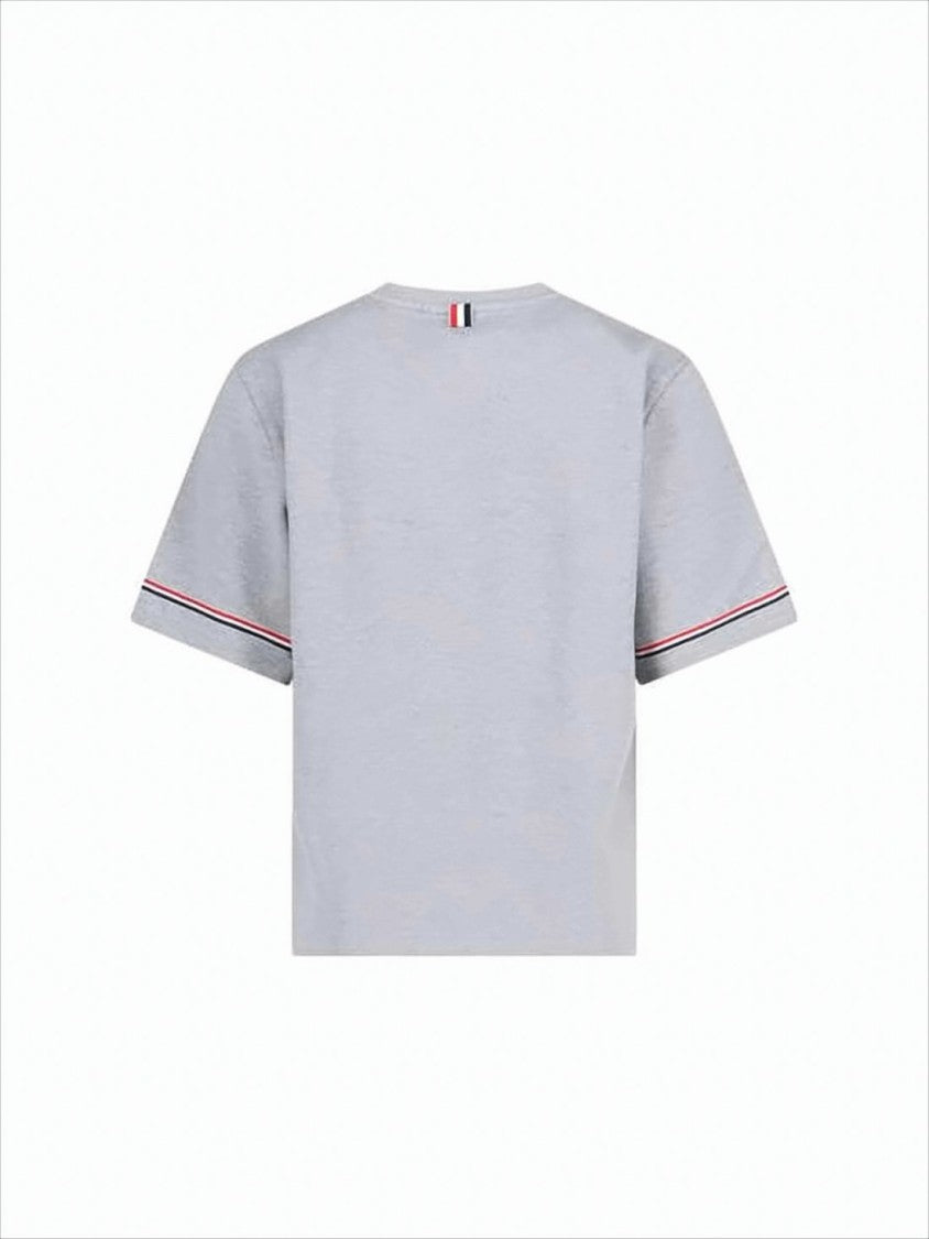 Thom Browne Short-Sleeved Light Grey Cotton T-Shirt With Striped Cuffs