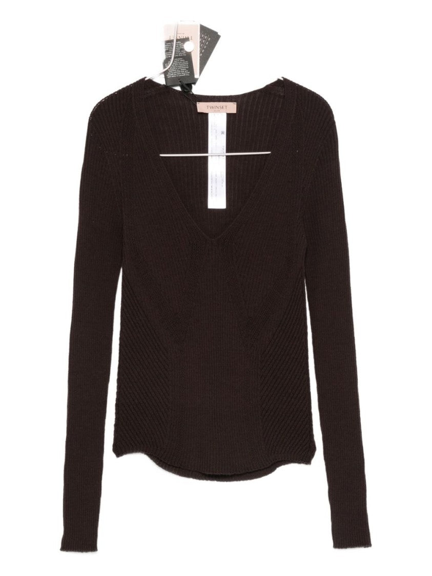 Twin-Set Fitted Brown Wool Sweater With Deep V-Neckline