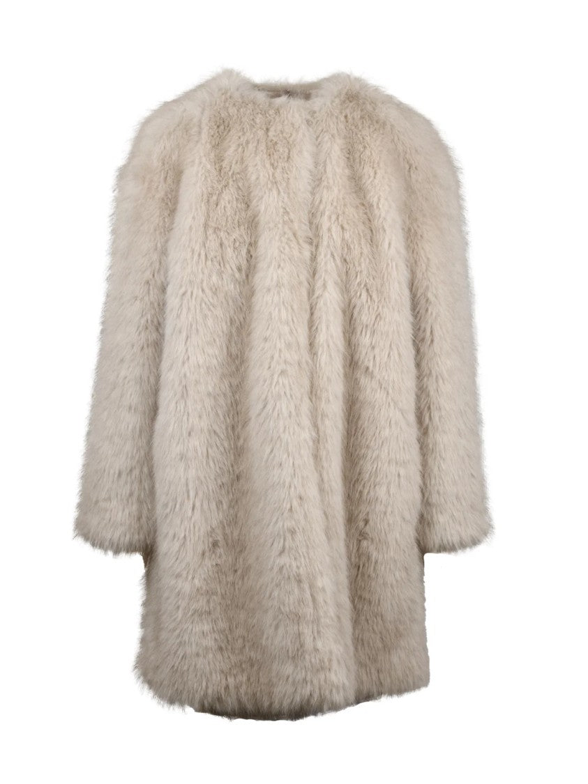Max Mara Plush Faux Fur Coat With Round Neckline And Logo-Lined Interior