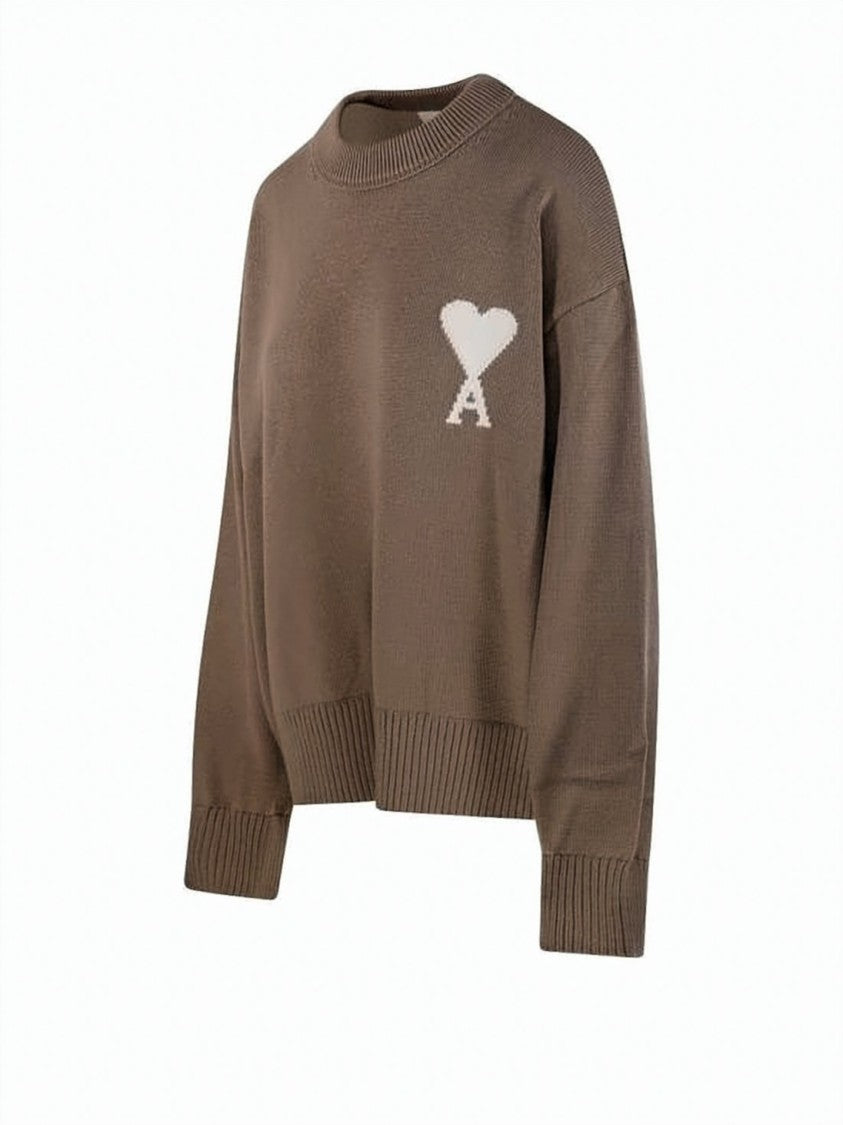 Ami Paris Knit Crewneck Sweater With Heart Motif In Brown