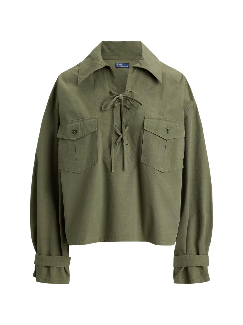 Polo Ralph Lauren Cropped Buttoned Pocket Lace-Up Cotton Shirt