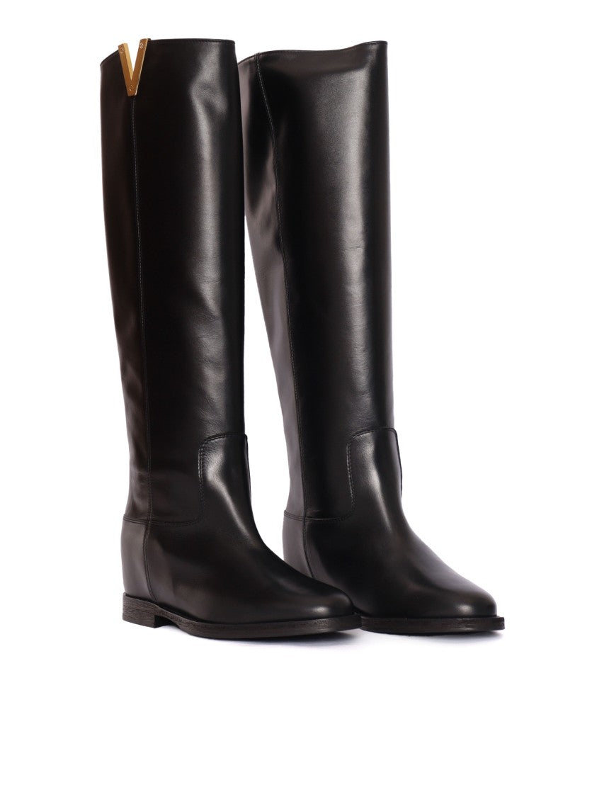 Via Roma 15 Black Tall Flat Leather Boots