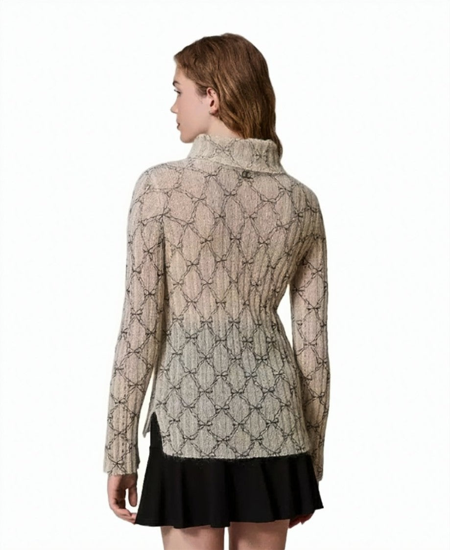 Twin-Set White Cream/Black Mohair-Blend Metallic Bow Print Turtleneck Top