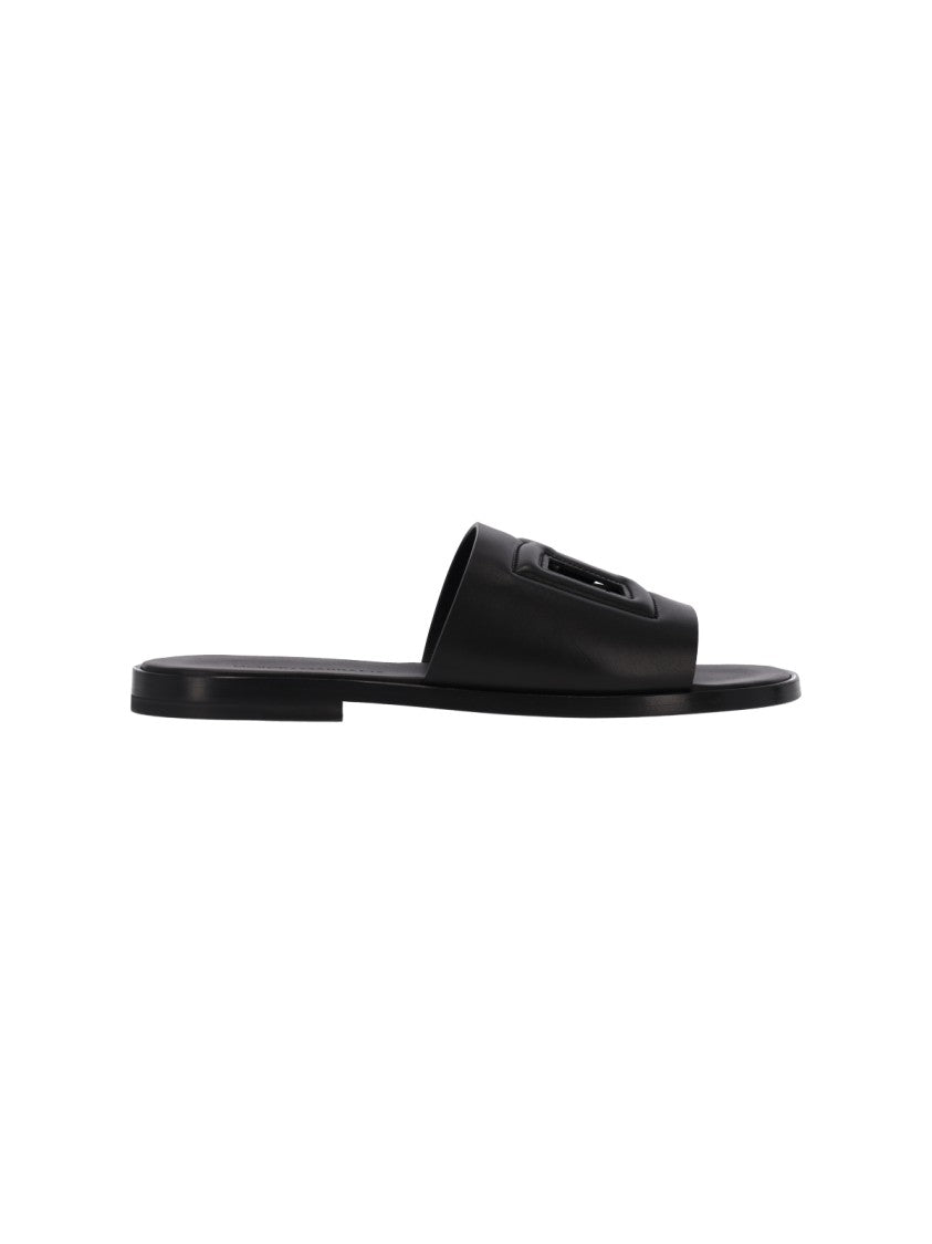 Dolce & Gabbana Black Leather Logo Slides Sandals