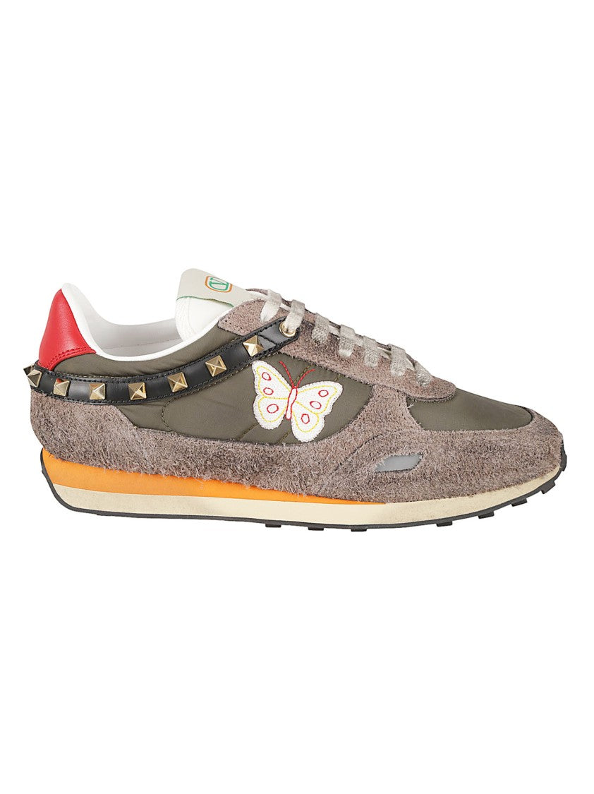 Valentino Garavani Textured Suede And Fabric Sneakers With Butterfly Embroidery