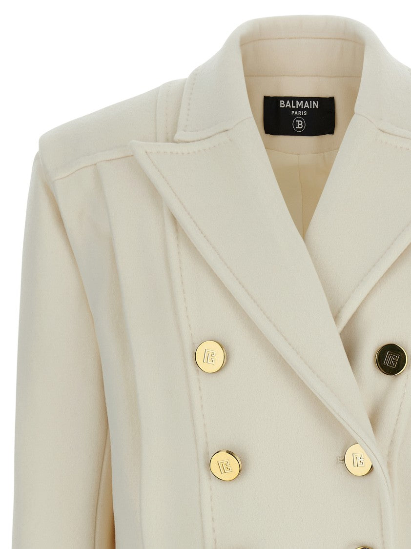 Balmain Double-Breasted Short Wool Blend Coat With Padded Shoulders And Belt Detail