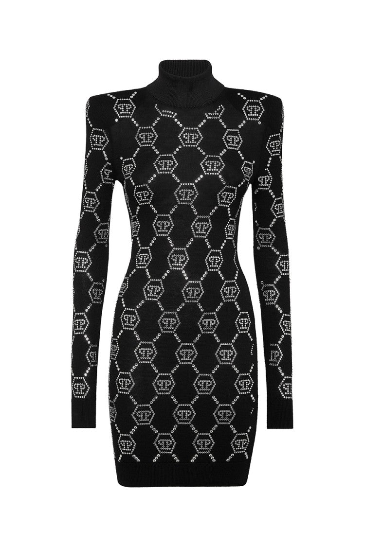 Philipp Plein Fitted Black Dress With Hexagonal Motif And High Neckline