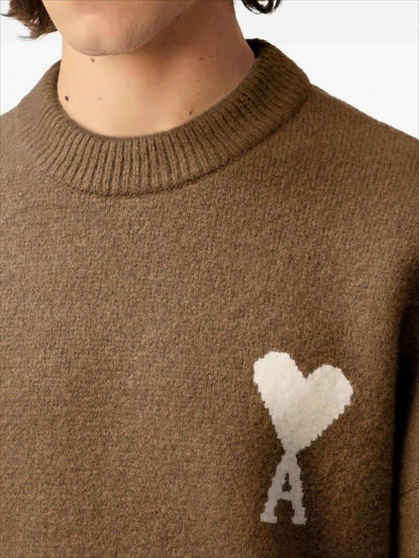 Ami Paris Relaxed Fit Brown Alpaca Wool Sweater