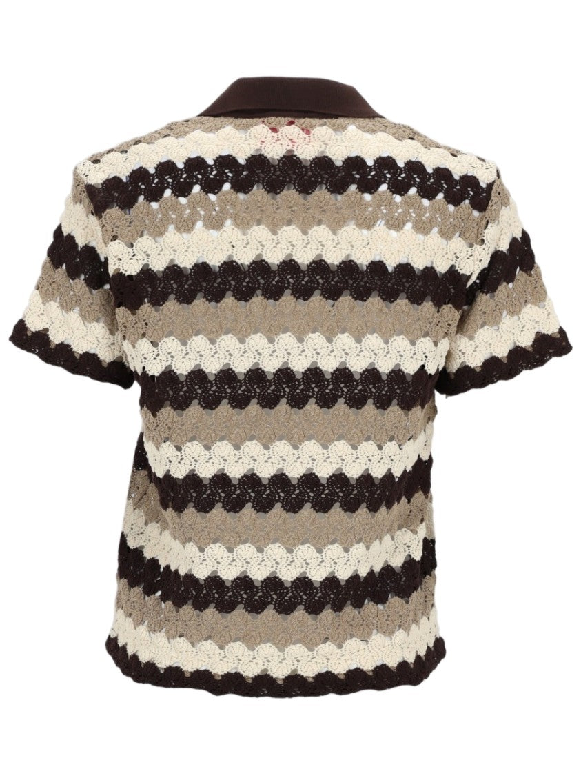 Mc2 Saint Barth Neutral Crochet Wavy Striped Polo Shirt