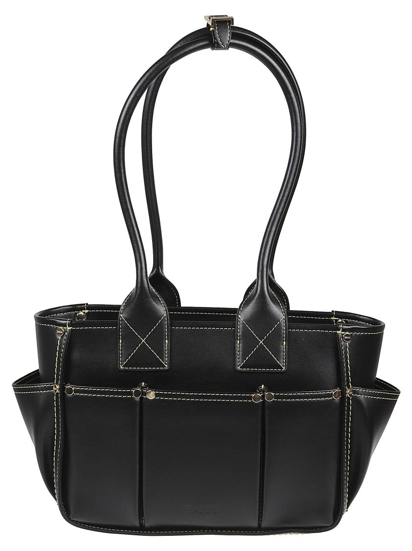 Ganni Structured Black Handbag With Contrasting White Stitching