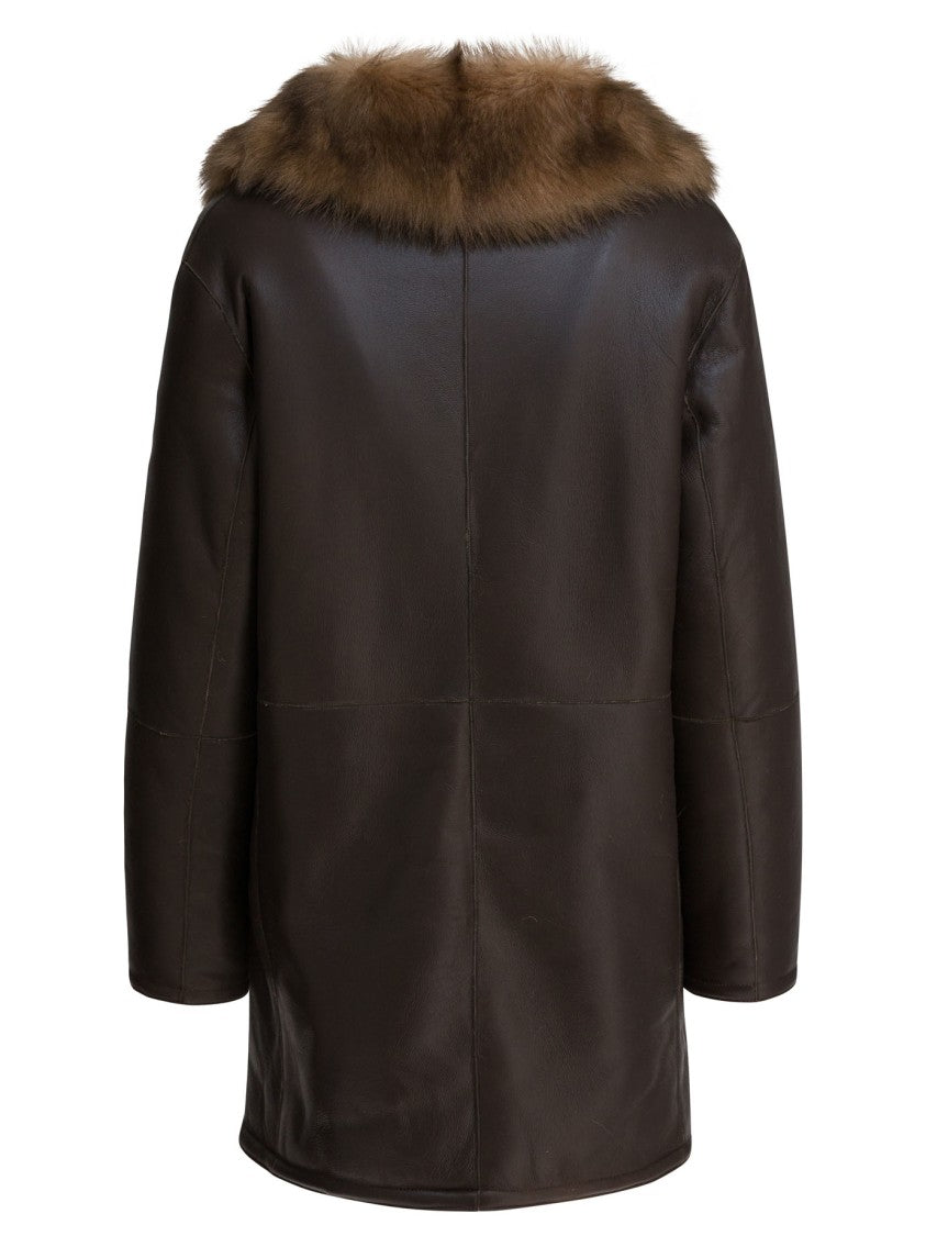 B&W Shearling-Collared Leather Jacket With Button Front