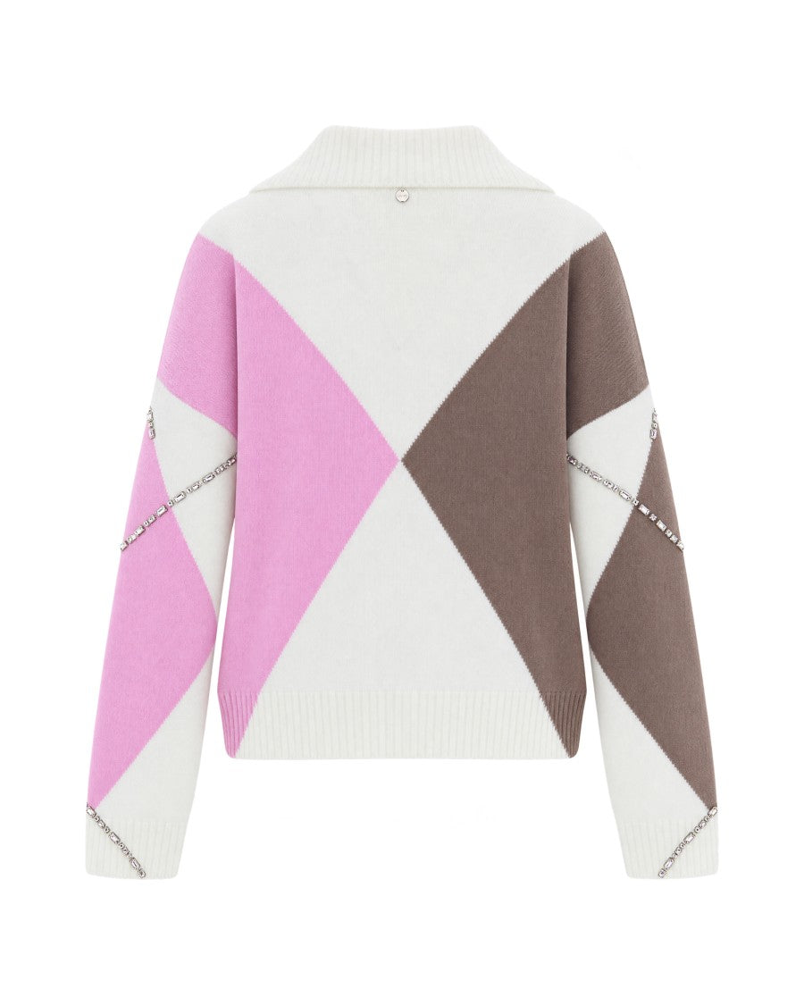 Liu Jo Pink Argyle Rhinestone V-Neck Sweater