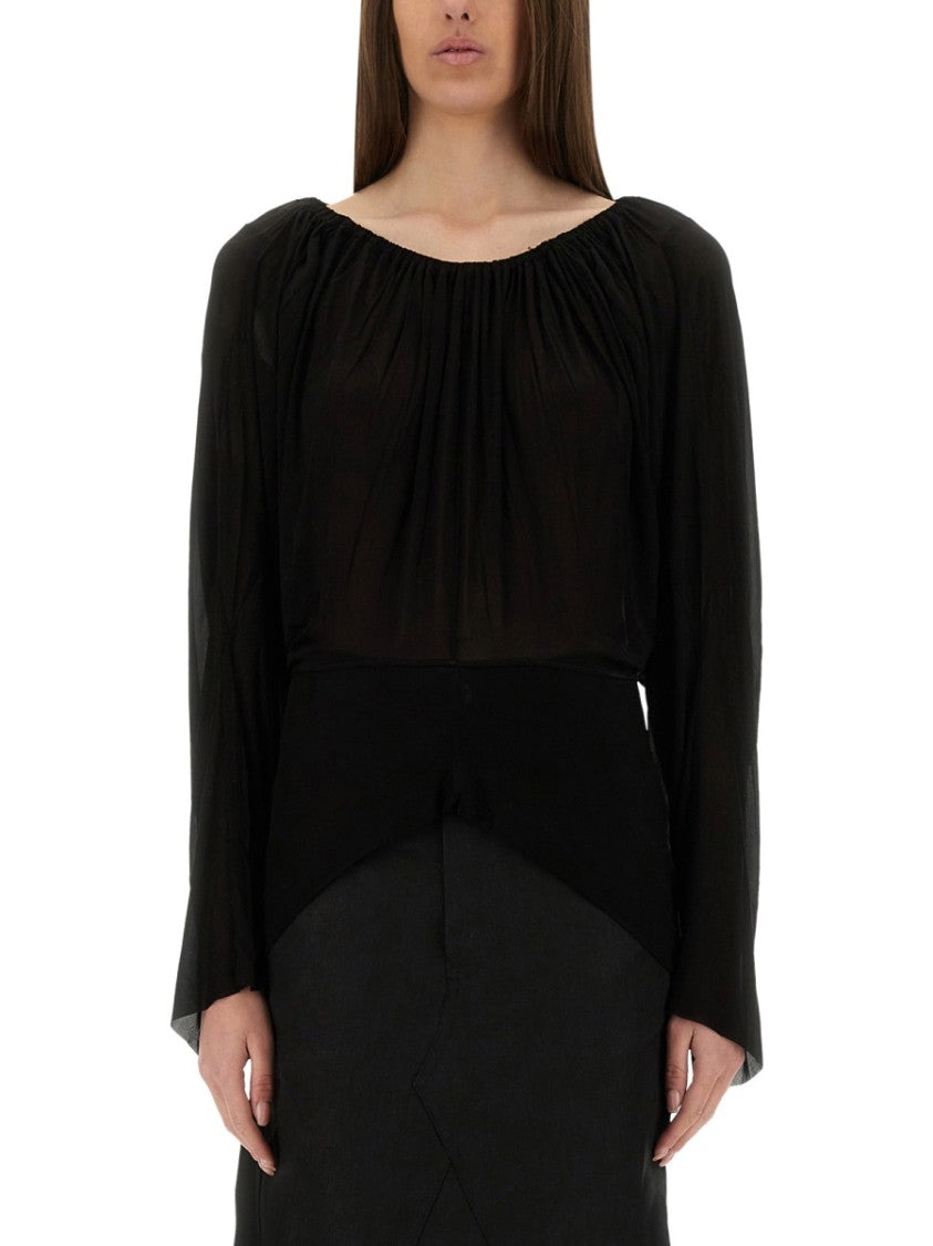 Rick Owens Flowing Black Draped Top With Wide Neckline