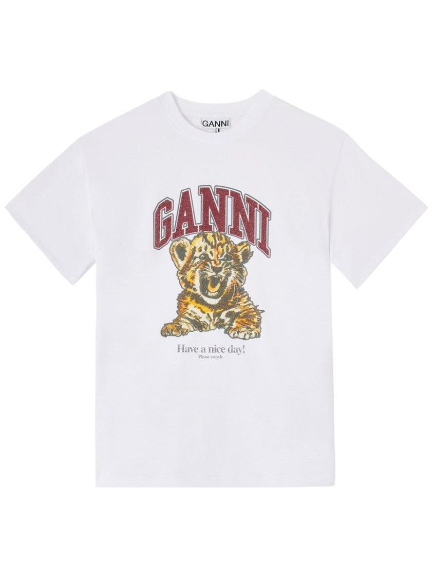 Ganni White Tiger Cub Arched Text Cotton T-Shirt