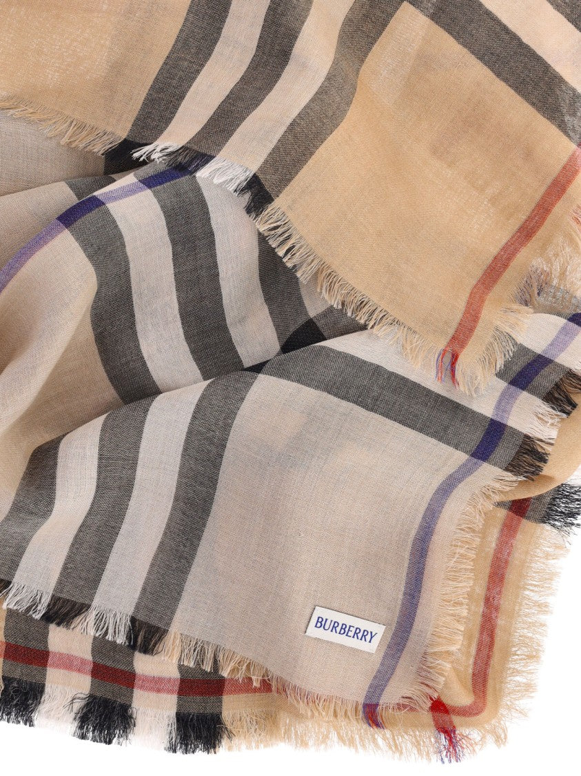 Burberry Beige Check Wool And Silk Scarf With Fringed Edges