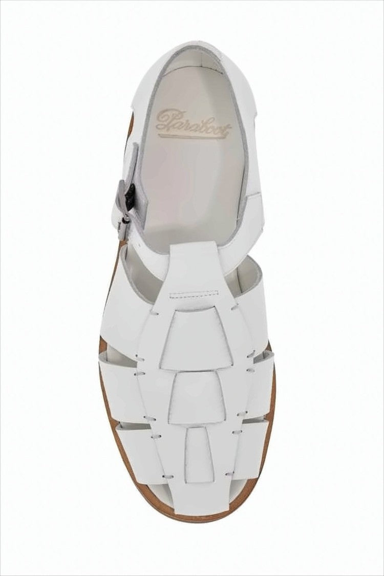 Paraboot White Leather Cage Sandals With Brown Rubber Sole