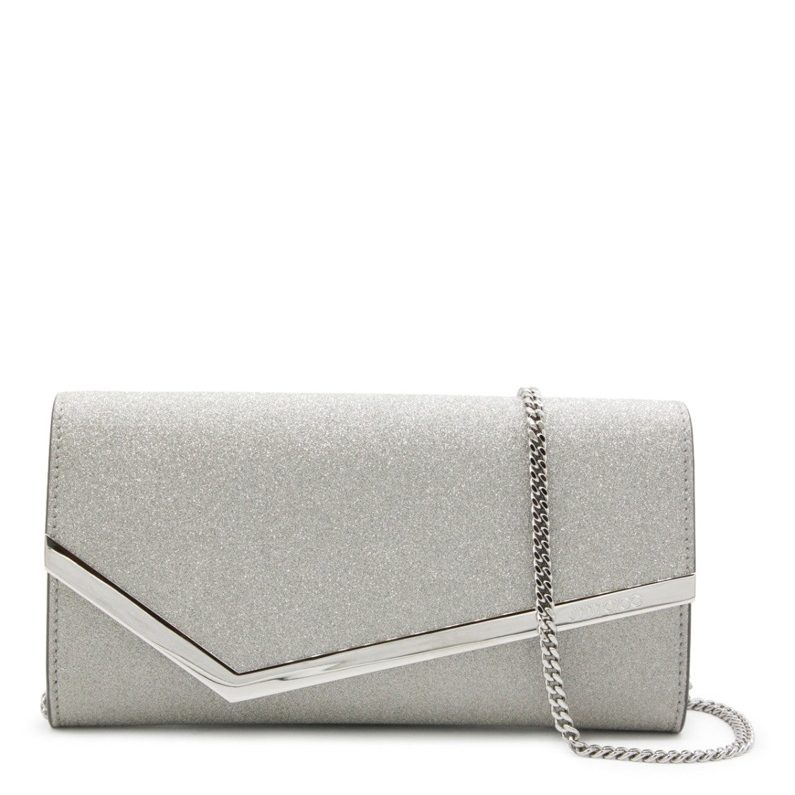 Jimmy Choo Rectangular Silver Clutch With Chain Strap And Angular Accent