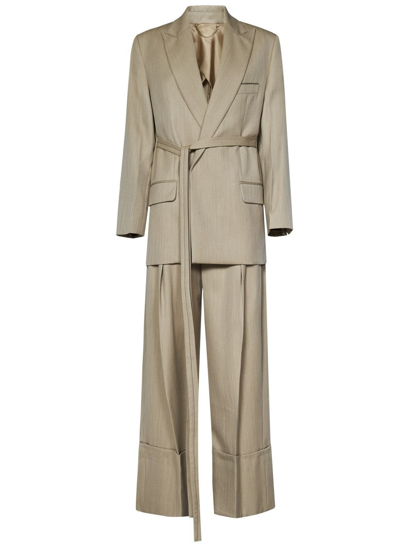 Victoria Beckham Belted Tailored Beige Dress In Virgin Wool