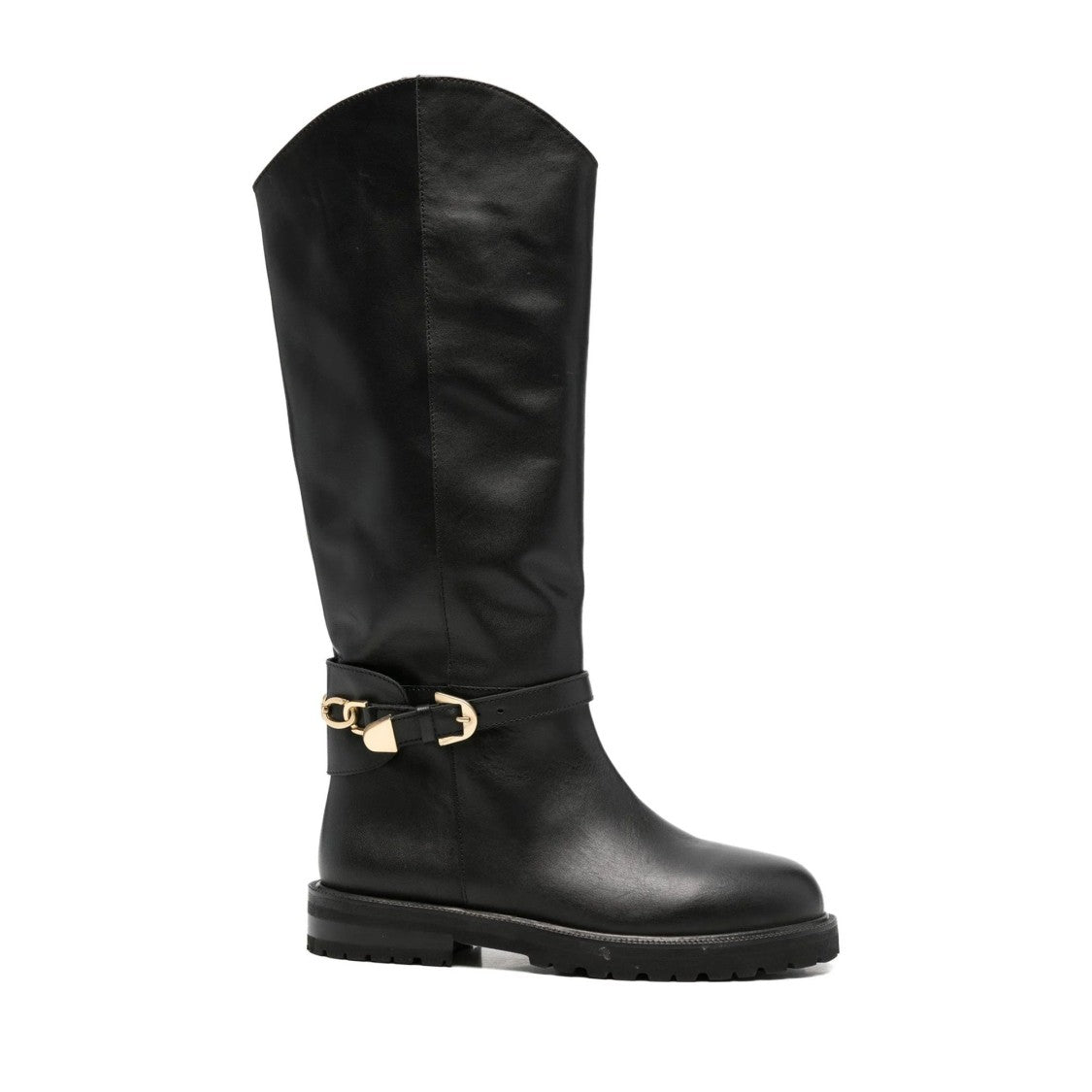 Adrianna Feretti Black Decorative Strap Gold Detail Leather Boots